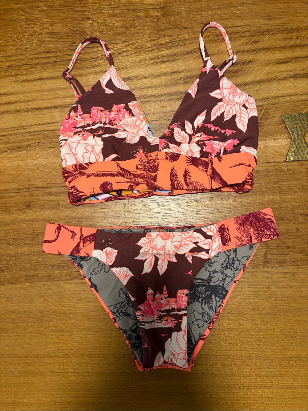Maaji Reversible Floral Bikini Set in Coral and Burgundy